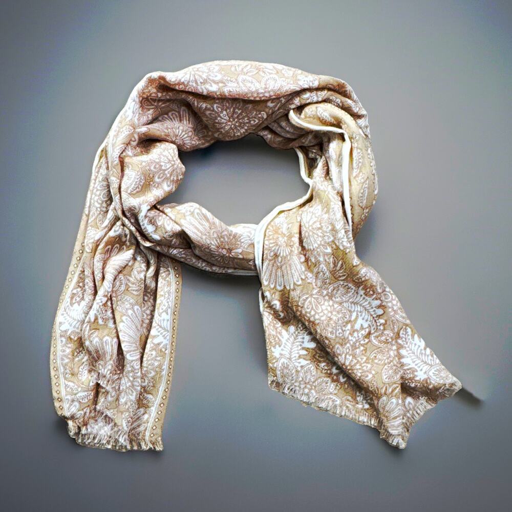 LOFT Beige Cream Floral Scarf Wrap Boho Lightweight Fringe